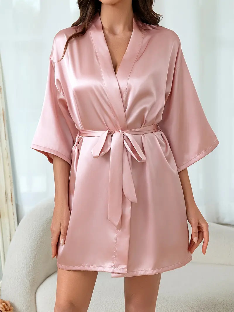 Dressing Gown - Customizable Solid Color Elegant Fashion Satin - Pink
