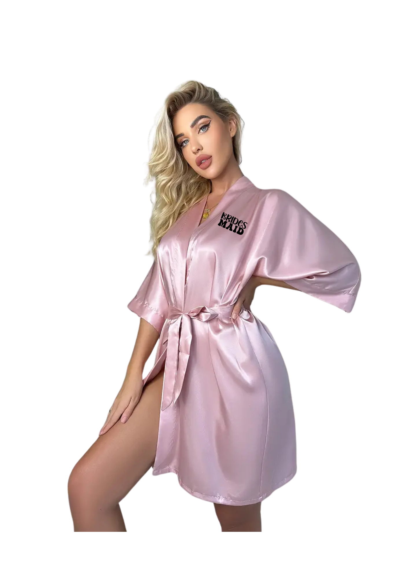 Dressing Gown - Customizable Light Pink Satin Robe, V Neck 3/4 Sleeve