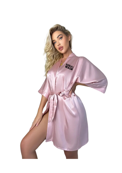 Dressing Gown - Customizable Light Pink Satin Robe, V Neck 3/4 Sleeve