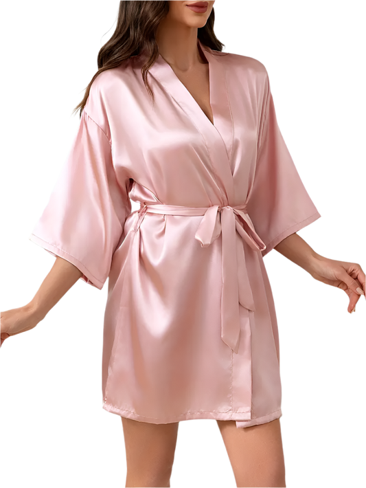 Dressing Gown - Customizable Solid Color Elegant Fashion Satin - Pink