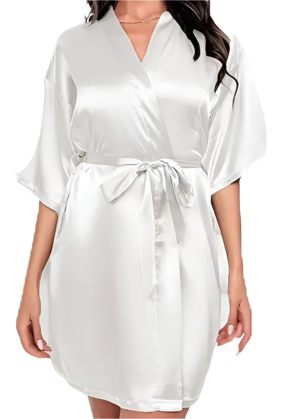 Dressing Gown - Customizable Elegant White Satin Women's Robe - Mid-Sleeve, Deep V-Neck