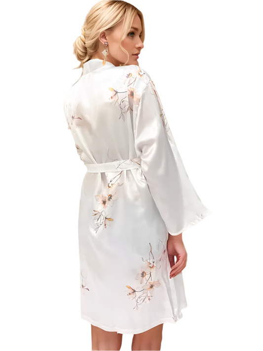 Dressing Gown - Customizable, Satin Lounge Robe With Floral Print, Three Quarter Sleeve, Elegant Style, Loose Fit Kimono