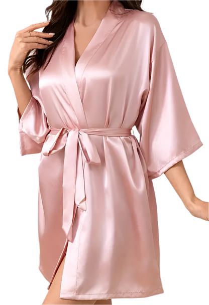 Dressing Gown - Customizable Solid Color Elegant Fashion Satin - Pink