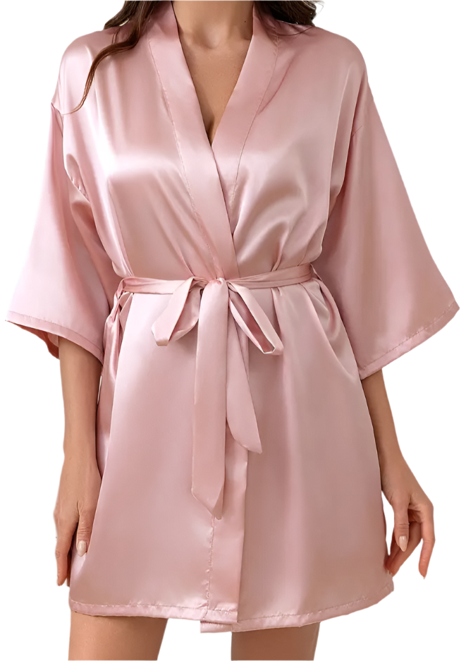 Dressing Gown - Customizable Solid Color Elegant Fashion Satin - Pink